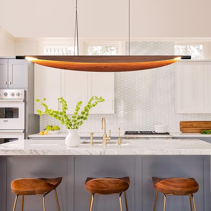 Pendant Lights 47.2In Dimmable Wood Grain Linear Pendant Light LED Kitchen Chandelier Hanging Light Fixture for Dining Room Kitchen Island