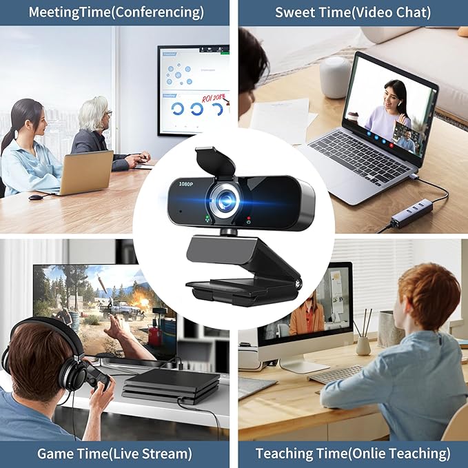 1080P Webcam for Computer/Laptop/Desktop/PC, External Camera with Microphone, USB Plug&Play, Auto Low Light Correction, Privacy Cover, Tripod, Wide Angle for Meeting/Online Video/Zoom
