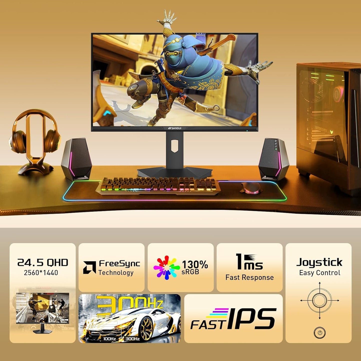 SANSUI 24.5 Inch Gaming Monitor 300Hz, QHD 2560×1440 Computer Monitor, 1ms Fast IPS Panel with 2× HDMI + 2× DP Ports, 130% sRGB Eye Care VESA Support (DP Cable Included ES-G25F6Q Pro)