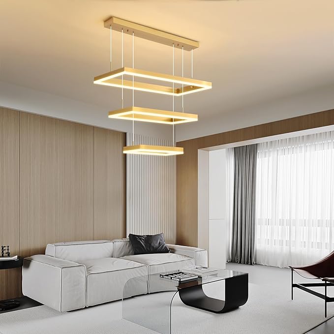 Modern Chandeliers for Living Dining Room, 3-Ring Rectangular LED Chandelier Light Fixture with Remote Control Dimming, Hanging Pendant Light with Adjustable Height, Gold