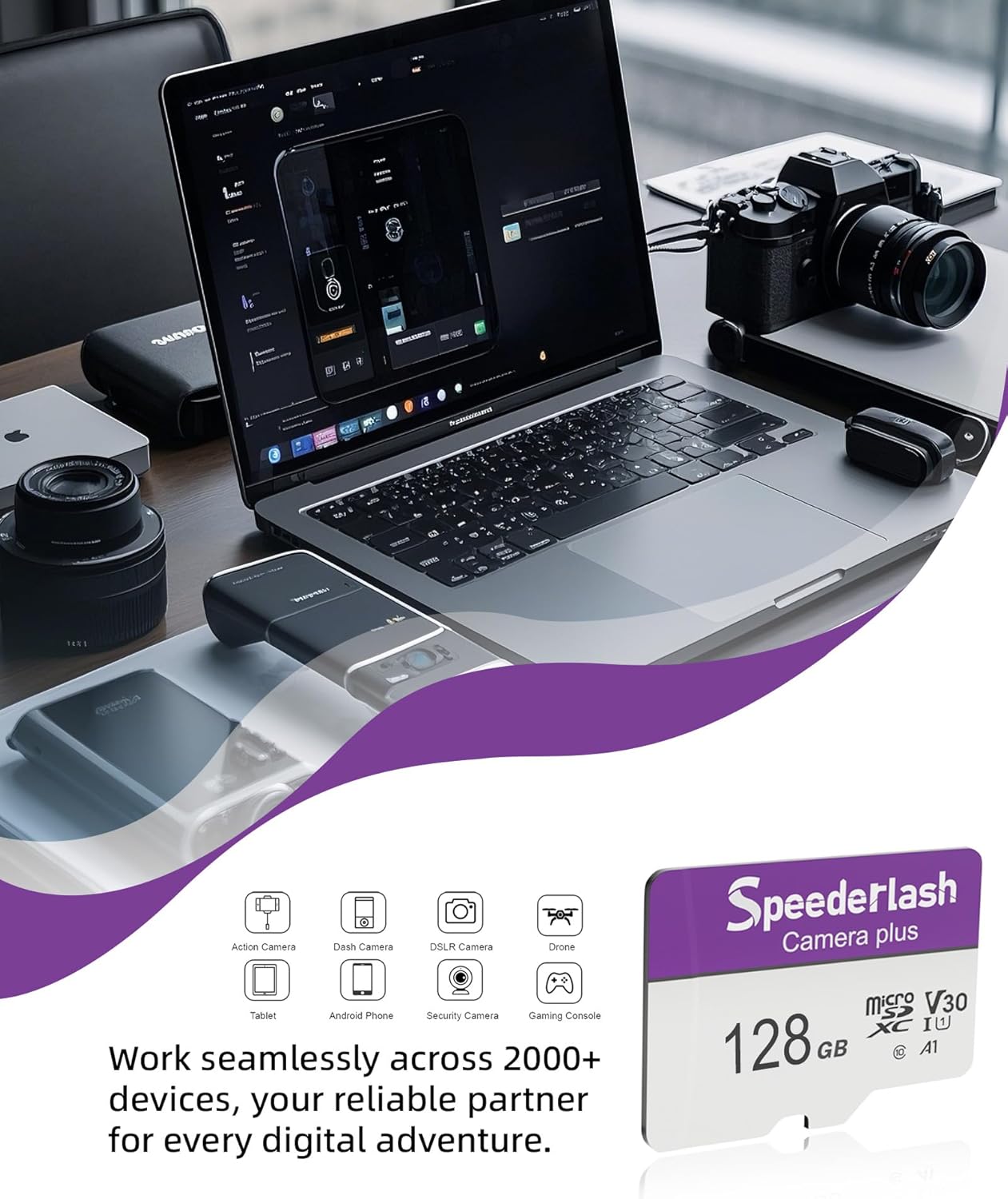 Micro SDXC Memory Card 128GB 2 Pack, Speederlash Camera Plus TF Card with Adapter, 90MB/s Read Speed, 4K UHD&5K Video Support, U1 V30 A1 Rated, Waterproof, for Gaming Devices, Drones, Smartphones