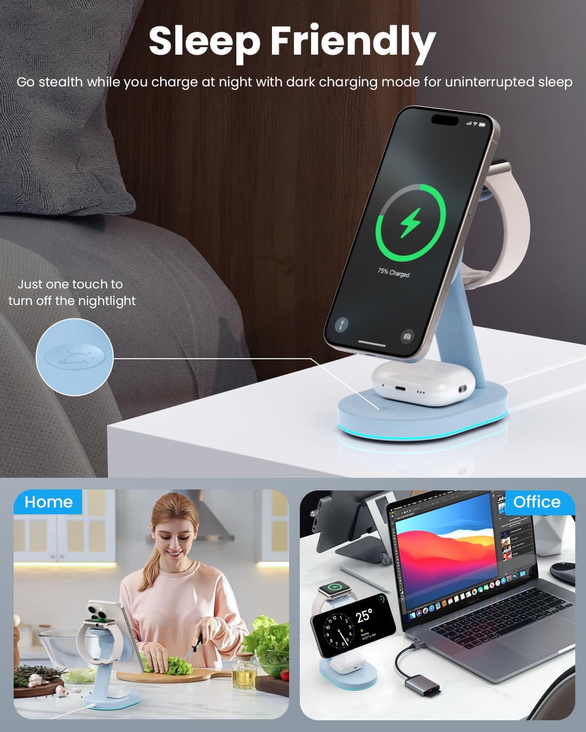 3 in 1 Wireless Charger Charging Station for iPhone,Qi2 Certified 15W Magnetic Charging Stand for Mag-Safe with 30W USB C Adapter&Friendly Night Light for iPhone 16/15/14/13/12,Apple Watch,AirPods