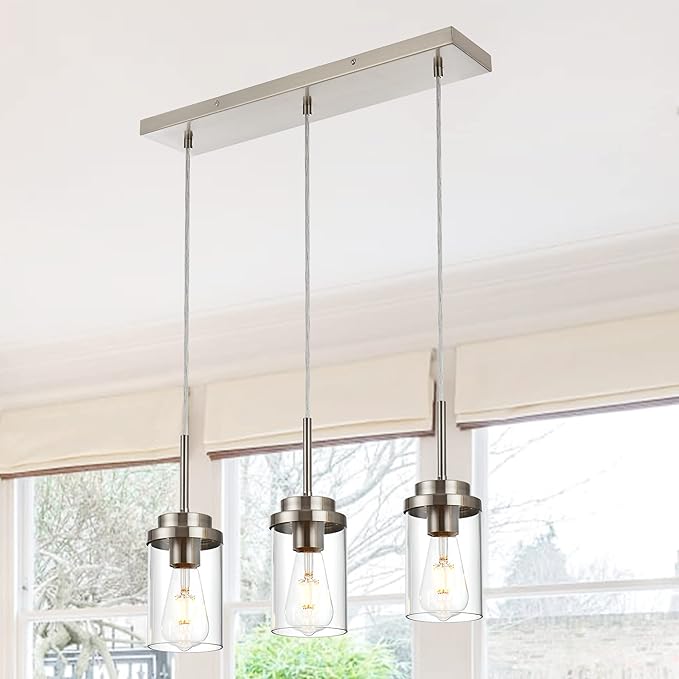 MELUCEE Kitchen Pendant Lighting Over Island 3 Lights Linear Chandelier Brushed Nickel Finish Dining Room Light Fixtures Ceiling Hanging Lamp with Clear Glass Shade, 20.5 Inches Length