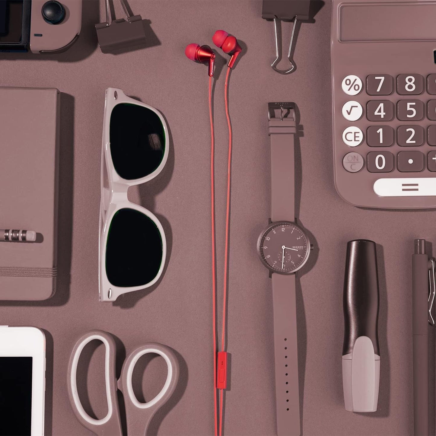 Panasonic ErgoFit Wired Earbuds with Microphone, 3.5mm Jack Headphones with Mic and Call Controller, Ergonomic Custom-Fit Earpieces (S/M/L), for Phones and Laptops - RP-TCM125-R (Red)