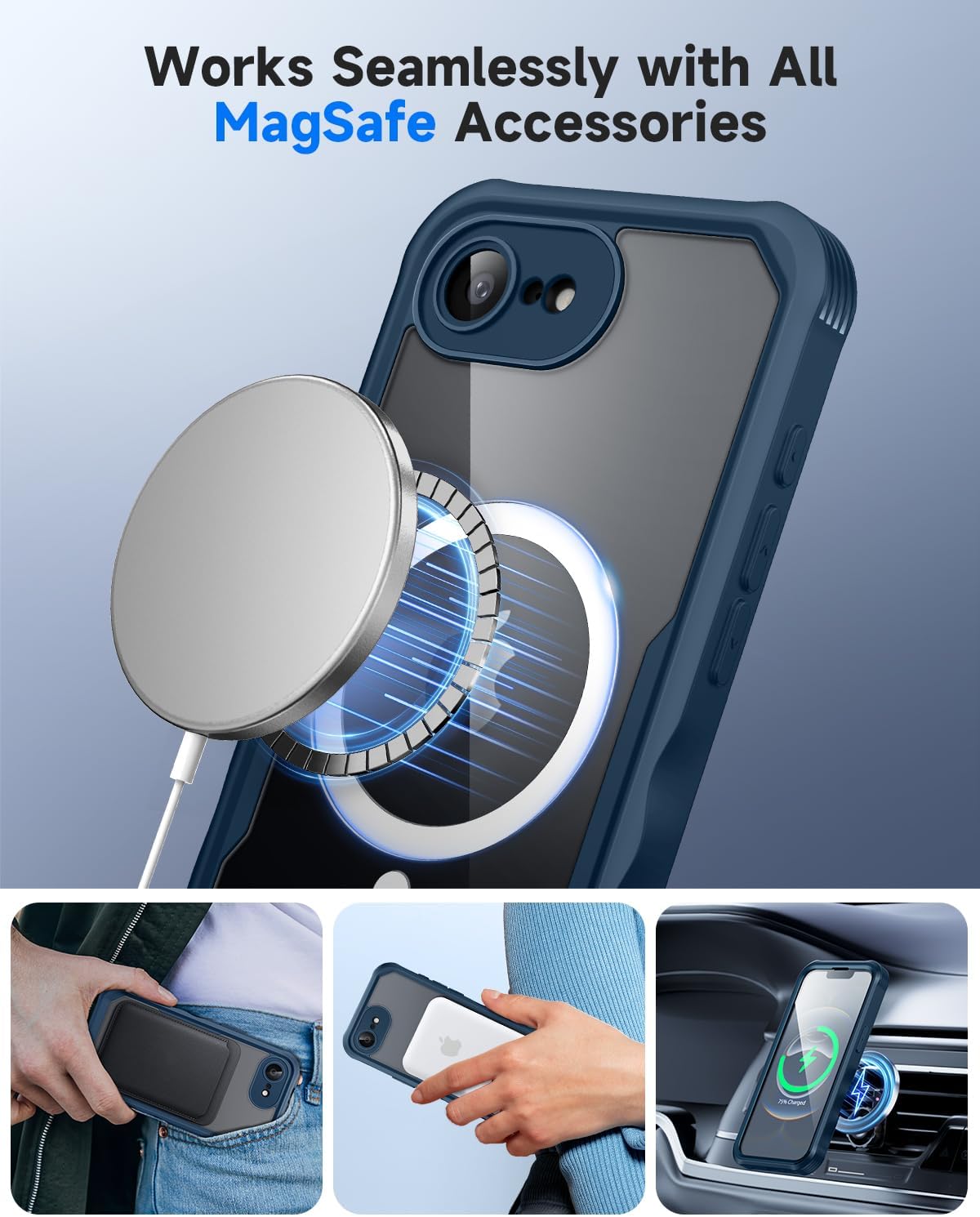 seacosmo for iPhone 16e Case, Full Body Bumper with Built-in 9H Tempered Glass Privacy Screen Protector and Camera Lens Protection, Compatible with MagSafe, Shockproof 16 e Phone Case, 6.1", Blue