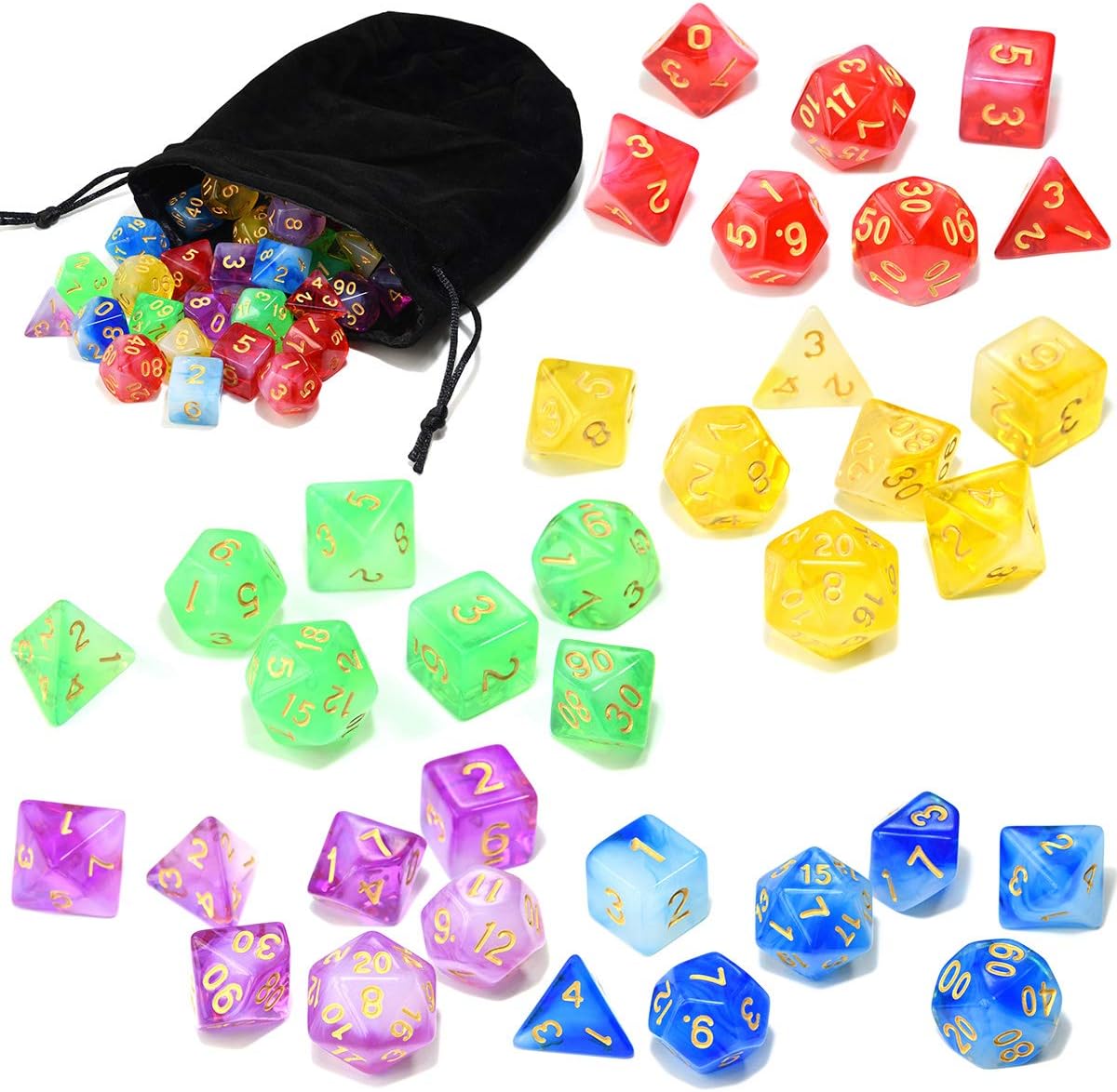 Assorted 5 Colors Polyhedral Dice Set Translucent with Black Drawstring Bag Great for Dungeons and Dragons DND RPG MTG Table Games