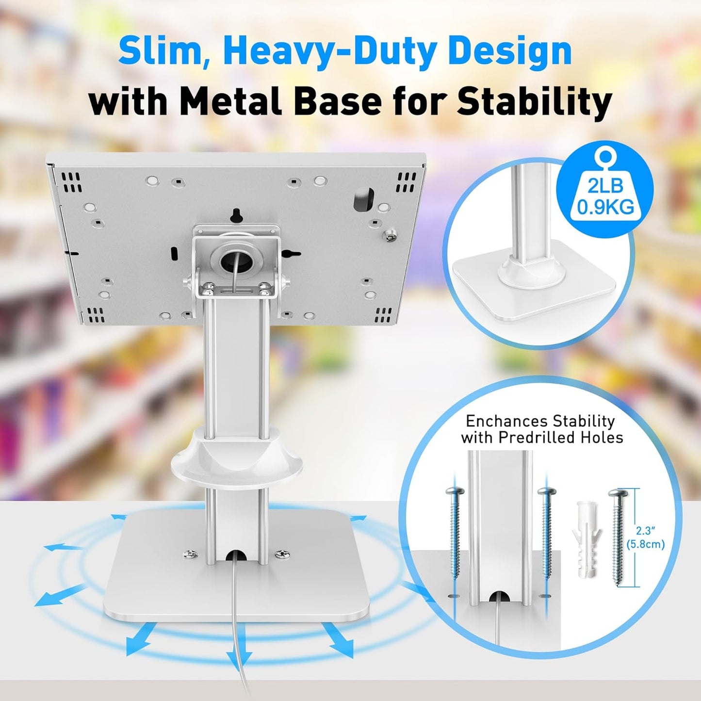 AboveTEK Anti-Theft iPad Kiosk Stand – POS iPad Security Stand & Locking Tablet Stand – Heavy Duty Base, 360° Swivel, 75° Tilt Bracket – Retail Business for iPad/iPad Air/iPad Pro (White)