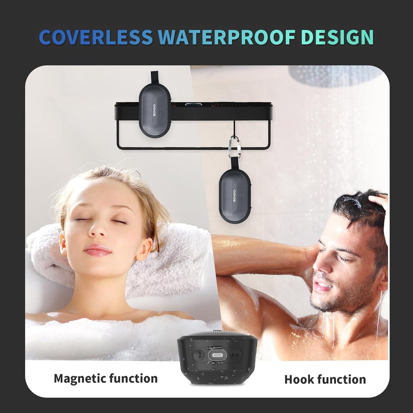 SOWO Wireless Portable Small Speaker, Ultra Magnetic Bluetooth Speaker for Golf Cart, Coverless IP67 Waterproof, 24 H Playtime, Pro Sound, Clip Hanging Design for Outdoor, Indoor - Black