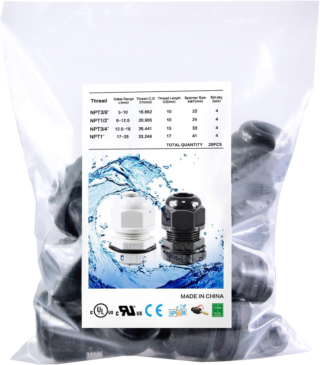 XHF IP68 Nylon Waterproof NPT Cable Glands Assortment 48pcs 1/4", 3/8'', 1/2'', 3/4'', 1'' UL Listed and RoHS Cord Grip Compliant Cable Strain Relief Black