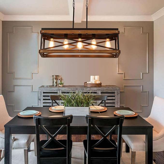 Rustic Farmhouse Wood Kitchen Island Lighting, 5 Lights Rectangular Pendant Light Fixture, Adjustable Chain Oak Wood and Metal Linear Chandelier for Dining Room Kitchen Island Farmhouse, Black