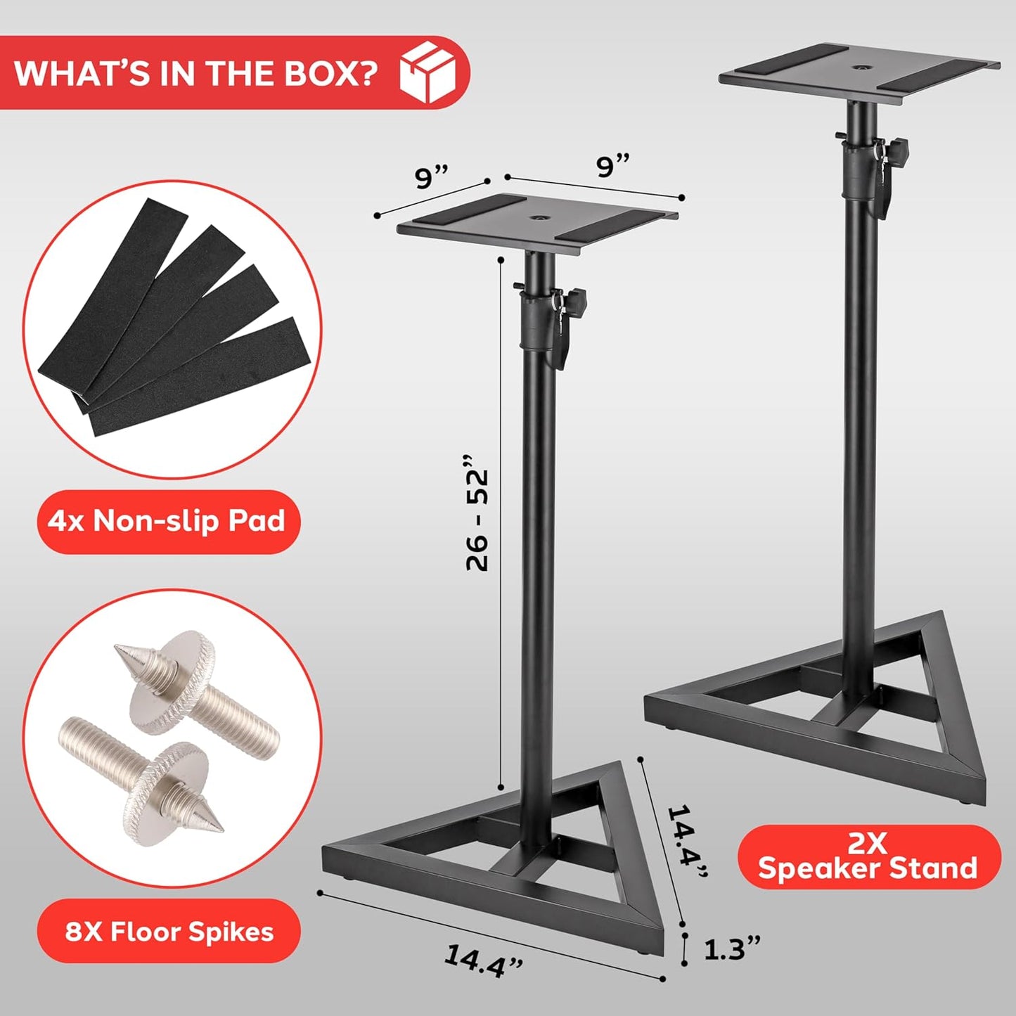 Pyle Speaker Stand Pair of Sound - Play 1 and 3 Holder, Telescoping Height Adjustable from 26” - 52” Inch, High Heavy Duty Three-point Triangle Base w/ Floor Spikes and 9” Square Platform, Black
