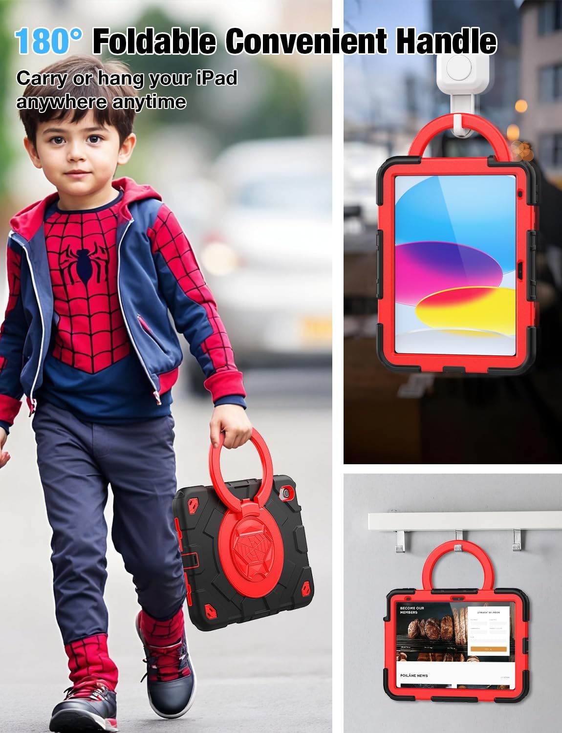 SCSVPN for iPad (A16) 11th/10th Generation Case 11 inch 2025/10.9 inch 2022, Rugged Shockproof Protective Silicone Case for Kids with Pencil Holder, Rotate Stand & Handle, Shoulder Strap - Black/Red