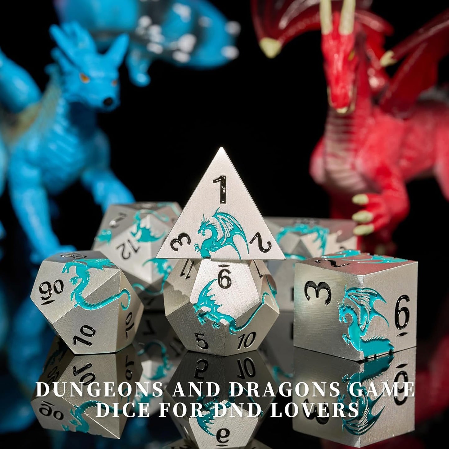 Blue Dragon Metal DND Dice Set,HNCCESG Cool D&D Dice Set of 7 Piece,Dungeons and Dragon Gift Dice, Role Playing Dice for D&D Table Games((Matte Silver Blue2 Dragon)