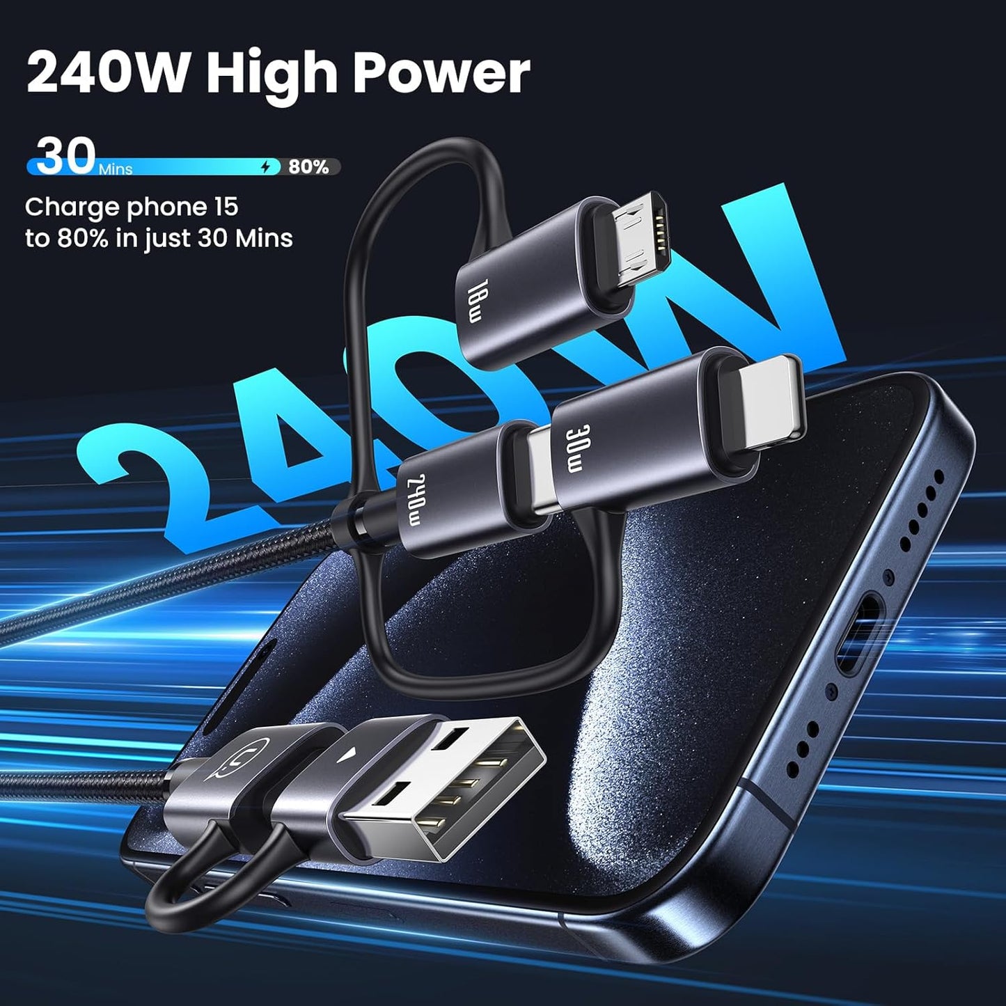240W Multi Charging Cable, 6.6ft 6-in-1 USB C Cable Fast Charging Cords with USB-C/A Ports to IP/Type C/Micro Connectors for Pad/Cell Phones/Tablets/Laptop