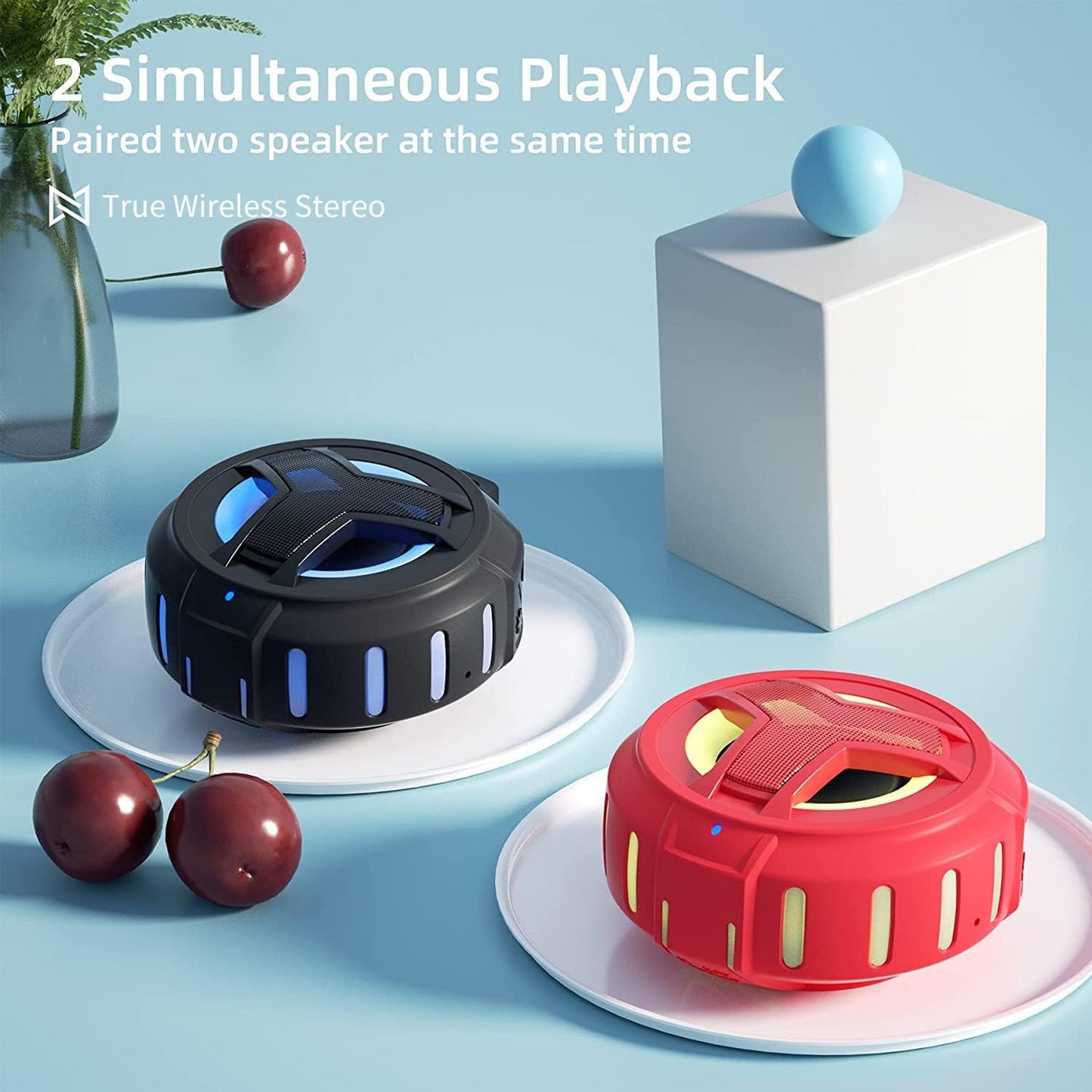 EBODA Bluetooth Shower Speaker, Waterproof Portable Speakers IPX7 Floating, True Wireless Stereo BT 5.0 Speaker with Bass, 2000mAh LED Light for Shower, Pool, Beach, Gifts for Women- Red