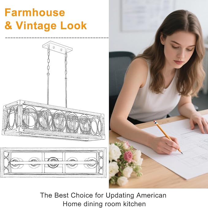 35.5" Dining Room Light Fixture/Chandelier Over Table, 5-Light Rustic Wood Kitchen Island Lighting with Clear Glass Shade Farmhouse Hanging Pendant Lights Fixtures for Kitchen Island Dining Room Bar