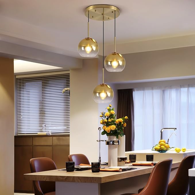 Mikeru Modern Gold Glass Chandelier, 3 Light Cluster Pendant Light Fixtures Kitchen Island Lighting Kitchen Island Pendant Lighting Hanging Lights Multi Light Large Pendant Lighting(Without Bulb)