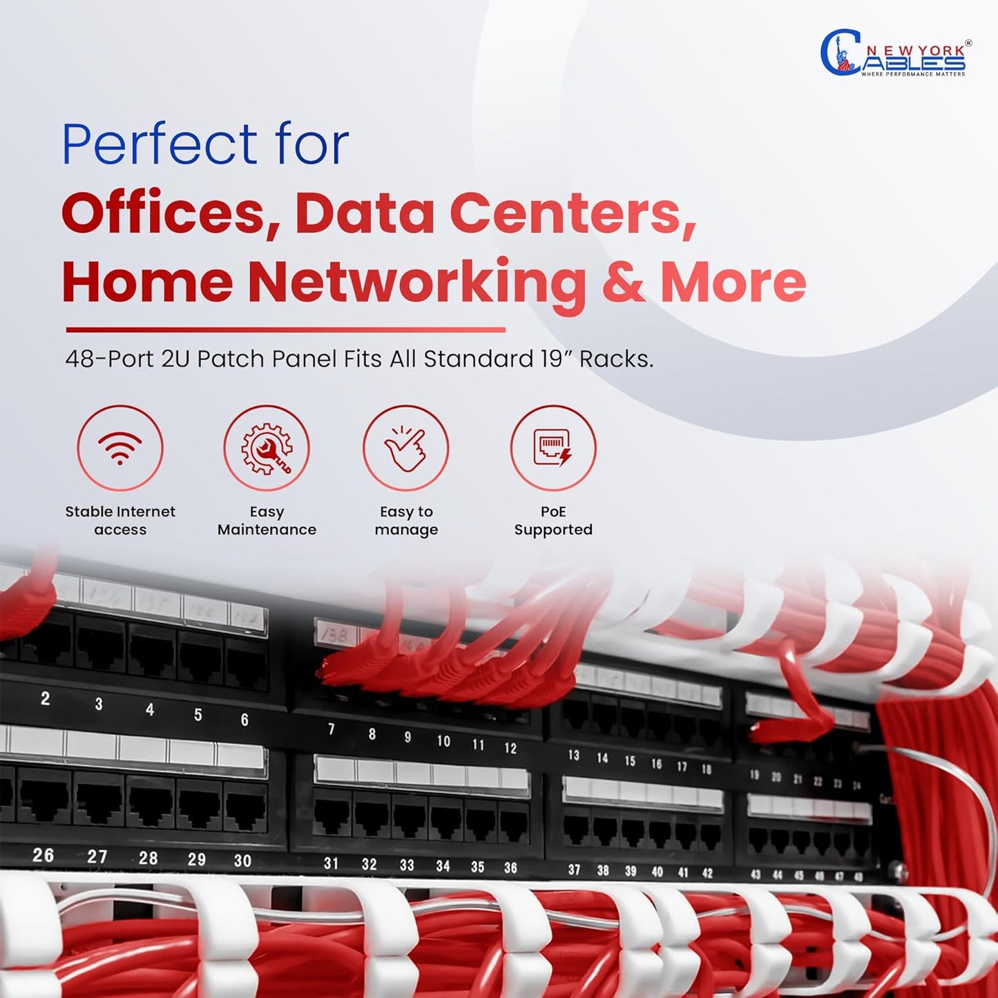 NewYork Cables 48 Port Cat6 Patch Panel β 10Gb Ethernet, 2U Rackmount 19-Inch, Color-Coded T568A/B Labels, Unshielded, 110/Krone Compatible, Black