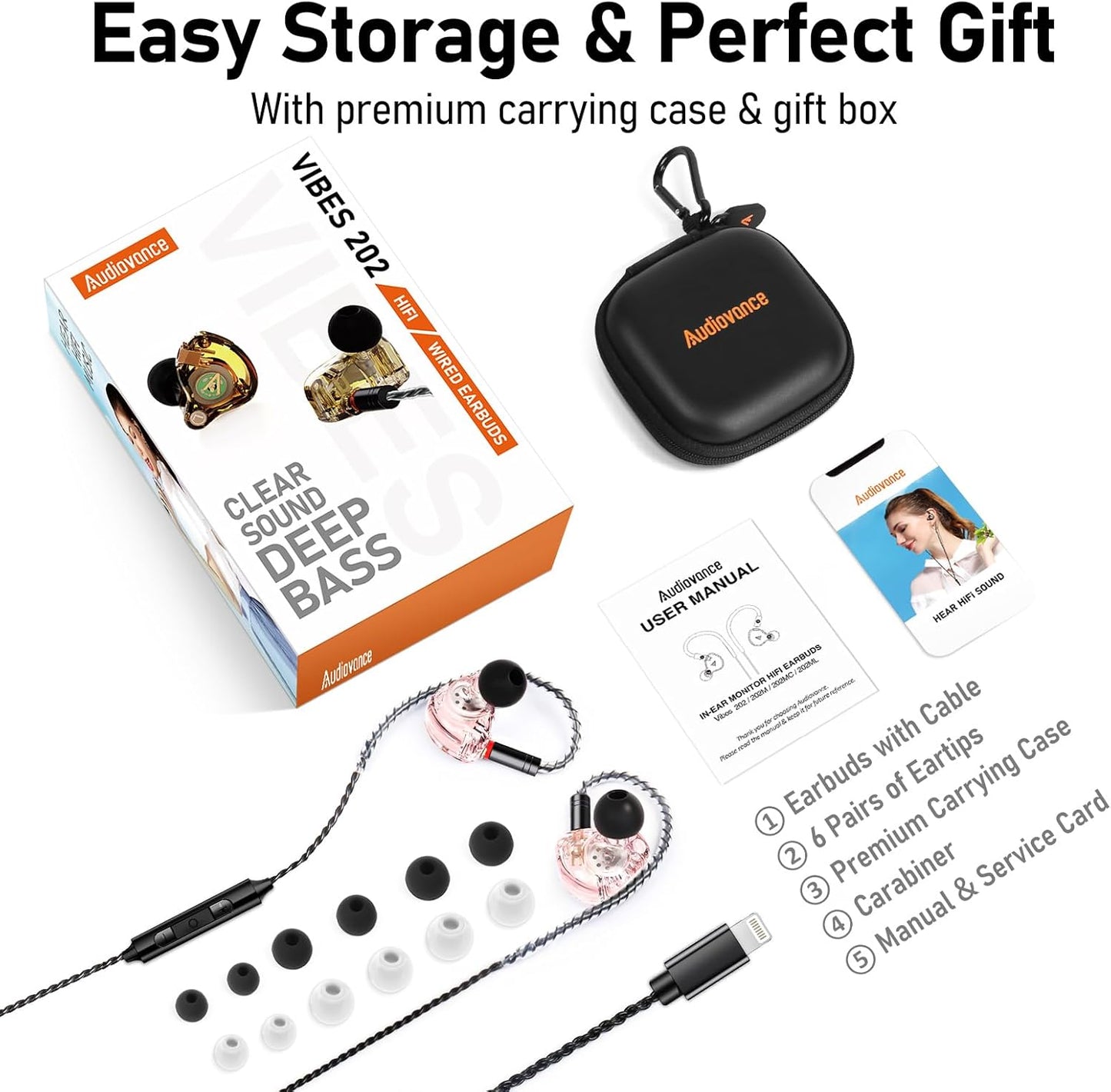 Vibes 202ML Wired Earbuds - HiFi in Ear Headphones - Noise-Isolating Ear Buds w/ Mic - Clear Sound, Deep Bass, Comfort-Fit Earphones - MMCX–Lightning for iPhone 5–14, Silver Plated Cord, Carrying Case