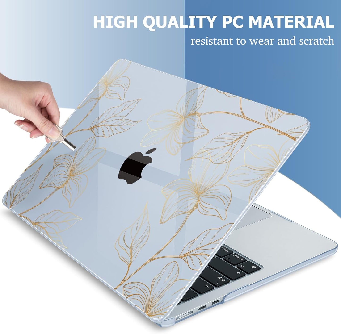Mektron for 2025 MacBook Air 15 inch M4 Case A3241/ 2024 M3 A3114/ 2023 A2941 M2 Hard Printed Case with 15.3 Liquid Retina Display Touch ID, Plastic Hard Cover & Keyboard Skin- Gold Flower S718-Blue