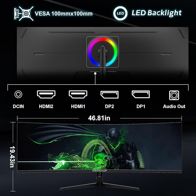 49 Inch Curved Ultrawide Gaming Monitor, 4K (3840x1080P), 165Hz, HDR10 1500R, 32:9, AMD FreeSync, 125% sRGB, Computer Monitor, HDMI/DP VESA100*100mm Black