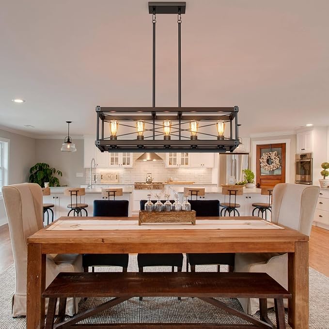 Farmhouse Kitchen Island Lighting, 5-Light Solid Wood 31.5ā Dining Room Pendant Light Fixtures, Rustic Chandelier with Adjustable Height for Dining Room Kitchen Bar Pool Table, Walnut Color