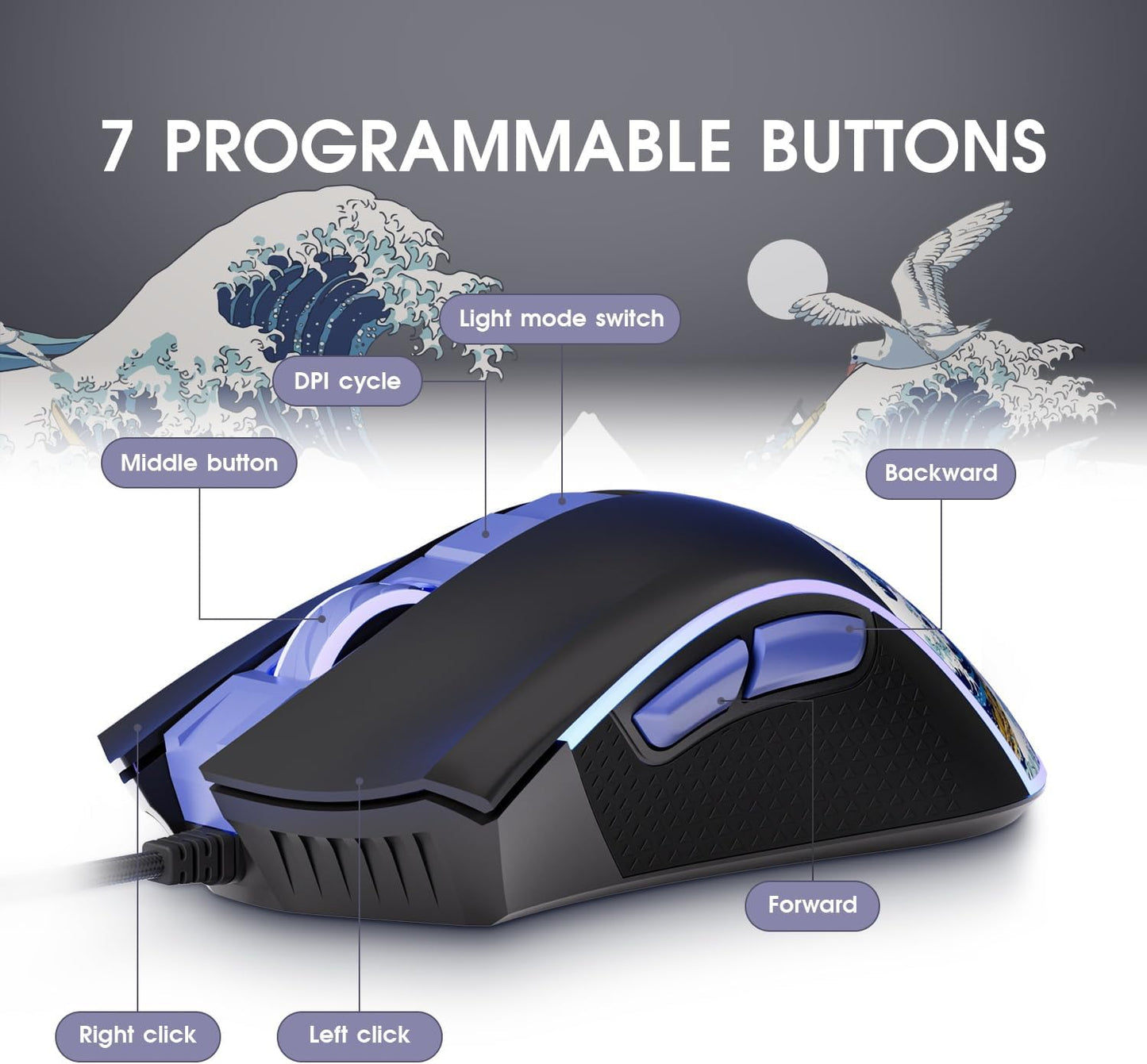 HITIME XVX Wired Gaming Mouse, 12000 DPI RGB Mouse with 12 Backlit Modes & 7 Macro Buttons, PC Gaming Mice Support DIY Keybinding, Gamer Computer Mice for Laptop PC Mac Windows, Kanagawa