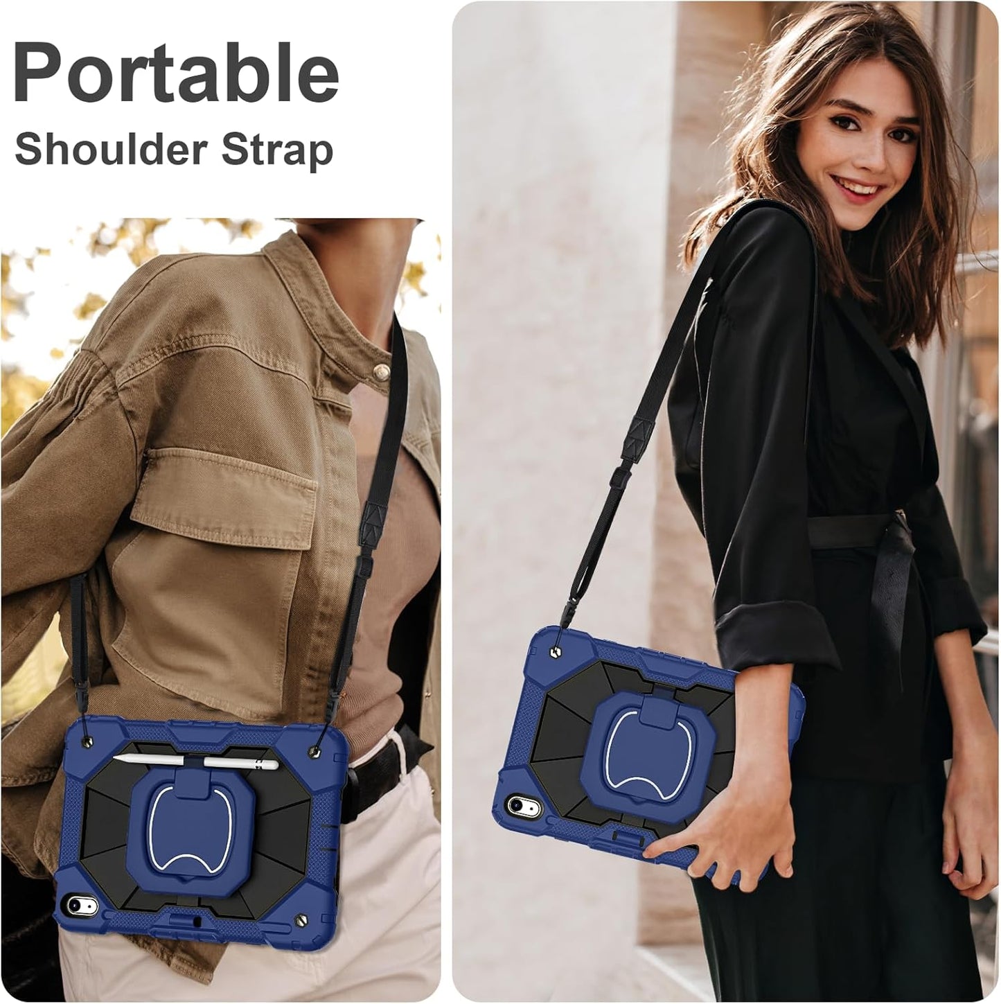 Case for iPad (A16) 11th Generation 11 Inch (2025) / iPad 10th Generation Case 10.9 Inch (2022) with 360° Rotating Stand Screen Protector Pen Holder Shoulder Strap, Navy Black
