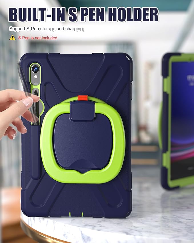 BRAECN Kids Case for Galaxy Tab S10 Lite/S10 FE 2025 & S9 FE/S9/S8/S7 10.9"/11" SM-X400/X520/X510/X710 | Heavy Duty Protective Silicone Cover with S Pen Holder, Kickstand & Shoulder Strap, Navy Green