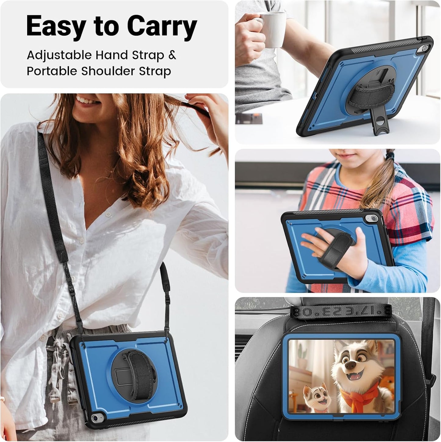 SCSVPN Case for iPad A16 11th Generation 11 Inch 2025/10th Gen 10.9'' 2022, Slim Hard Shockproof Protective Case with Screen Protector, Pencil Holder, Rotating Stand, Hand/Shoulder Strap - Navy Blue