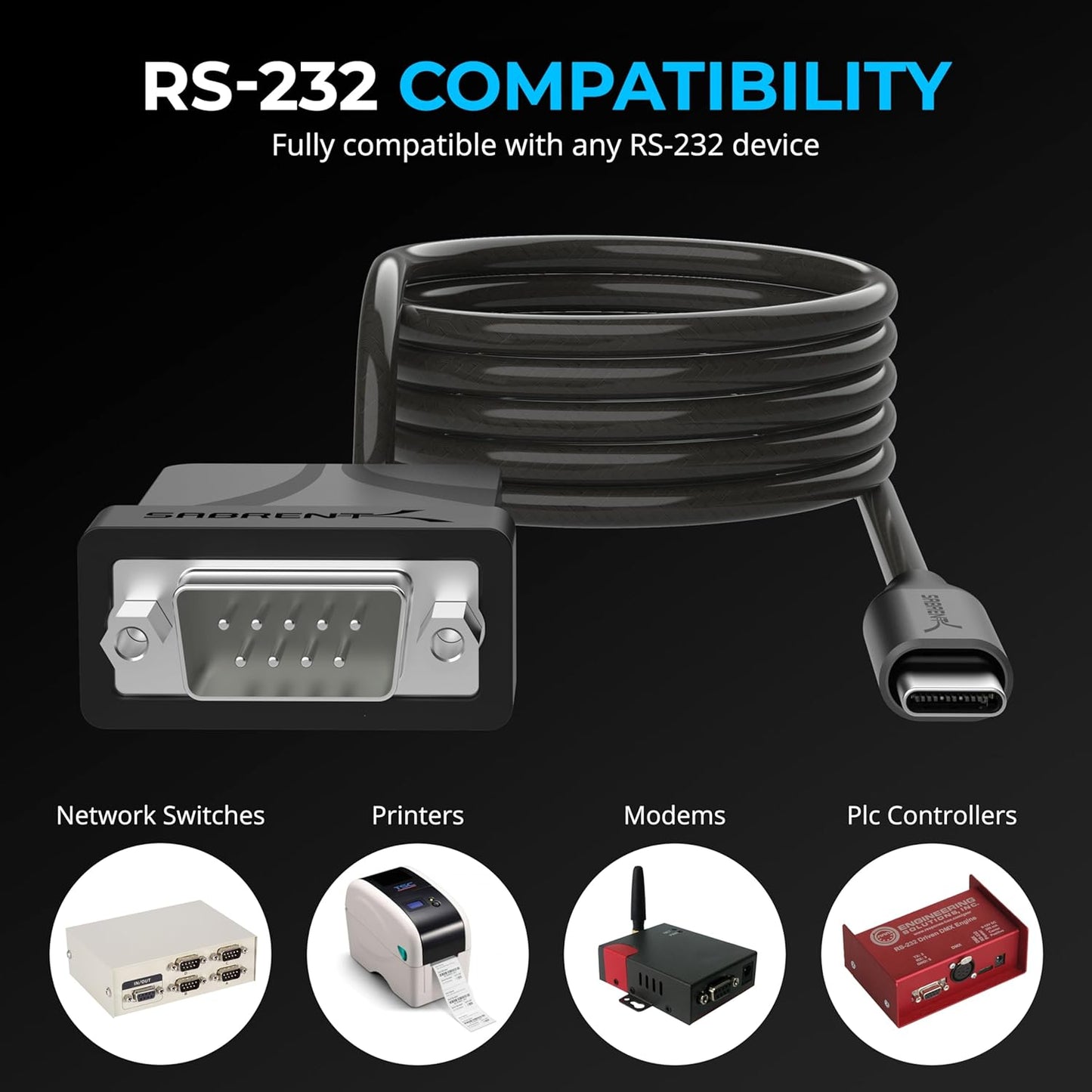 SABRENT USB-C to DB9 Serial RS-232 Adapter Cable 6FT, Prolific PL2303GS Chipset, USB 2.0, 1bps-12Mbps Baud Rate, for POS Terminals, Modems, GPS, Industrial Devices (CB-D9C6)