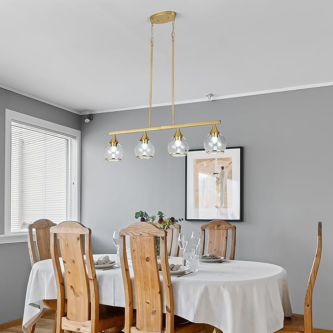 Island Light for Kitchen, 4-Light Gold Kitchen Island Linear Hanging Pendant Chandeliers, Brushed Gold Dining Room Light Fixture Over Table with Clear Round Glass Shades