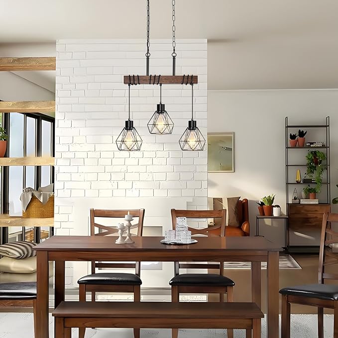 3-Light Kitchen Island Pendant Lighting Over Island - Adjustable Height Linear Chandelier for Dining Room with Diamond Shades, Farmhouse Black Metal & Rustic Wood Ceiling Light Fixture, E26 Base