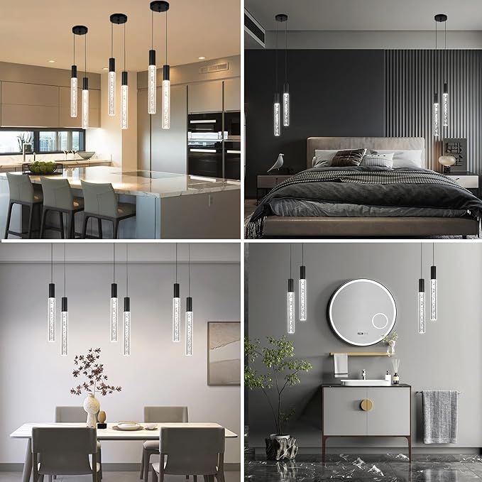 Modern Black Pendant Light Fixture 2-Light, 3-Color LED Pendant Lighting Acrylic Cord Adjustable Ceiling Hanging Lights for Kitchen Island Living Room Bedroom Dining Room (3 Pack)