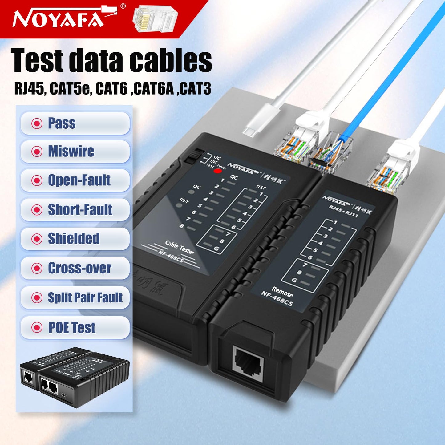 NOYAFA Network Cable Tester for RJ45, RJ11, RJ12 /Cat5, Cat5e, Cat6, Cat6a, Cat7, Phone Line Cat3, Ethernet Tester, LAN Cable Test Tool (Black)