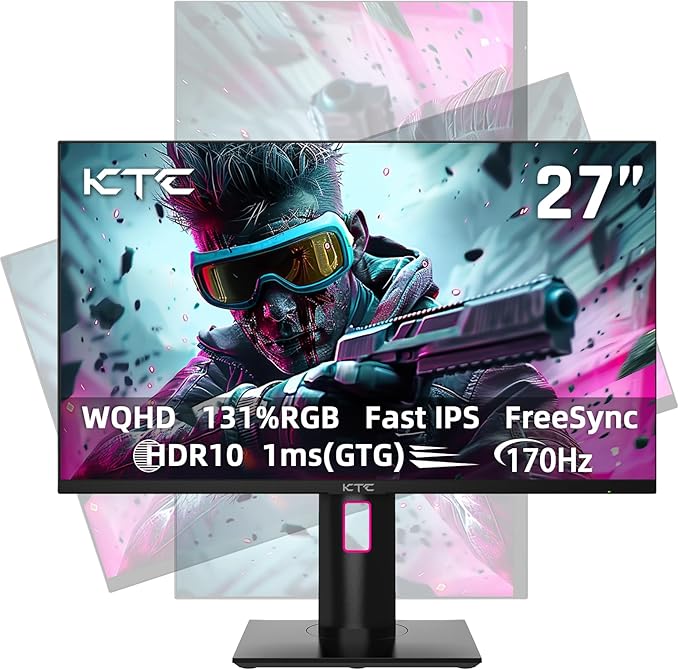 KTC 27'' 2K 170Hz Gaming Monitor - Fast IPS 1ms GTG Pc Monitor with FreeSync G-Sync, HDMI/DP/USB Ports, Height/Tilt/Swivel/Pivot Adjust, 131% sRGB and 97% DCI-P3 Color Gamut for Vertical Monitor