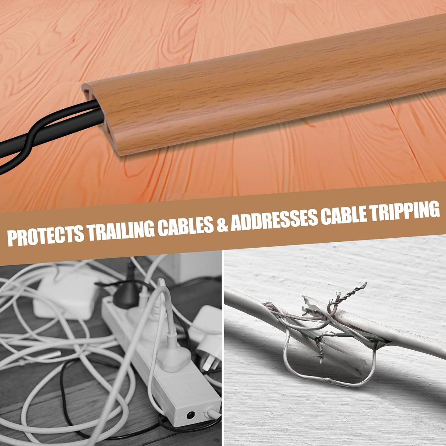 Floor Cord Cover Cavity 0.8"x0.37" Self Adhesive Cord Hider, 3.3FT Low Profile Cable Management, Extension Strip Protector for Wires, Prevent Cable Trips for Offices, Gyms, Exhibitions (Brown Wood)