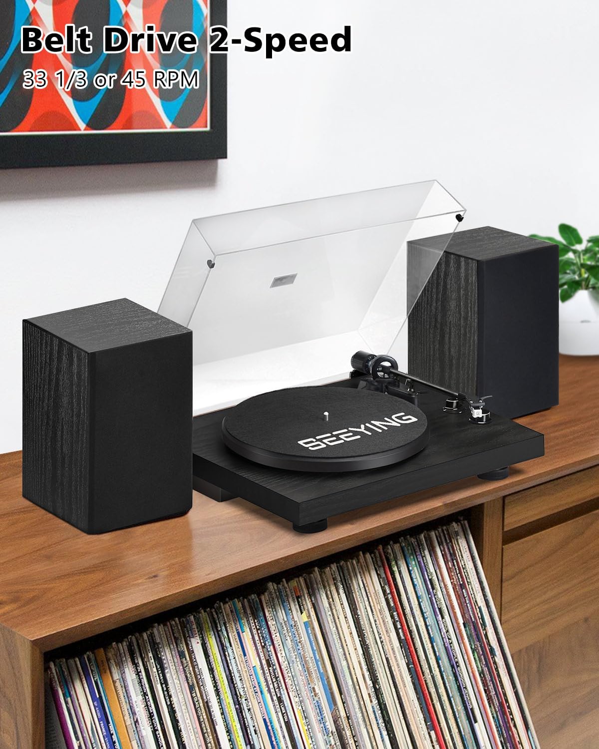Record Player Vinyl Bluetooth Turntable with 36 Watt Stereo Bookshelf Speakers, Hi-Fi System with Magnetic Cartridge, USB Recording and Auto Stop