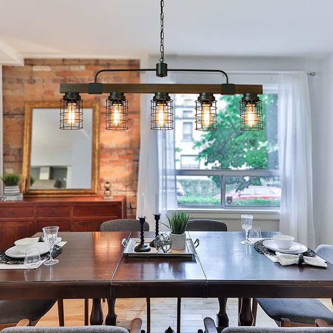 Giluta Industrial Linear Kitchen Island Light, 5-Light Farmhouse Chandelier with Rustic Metal Mesh Cage, Pendant Lighting Fixture for Kitchen Island Dining Room Pool Table Living Room