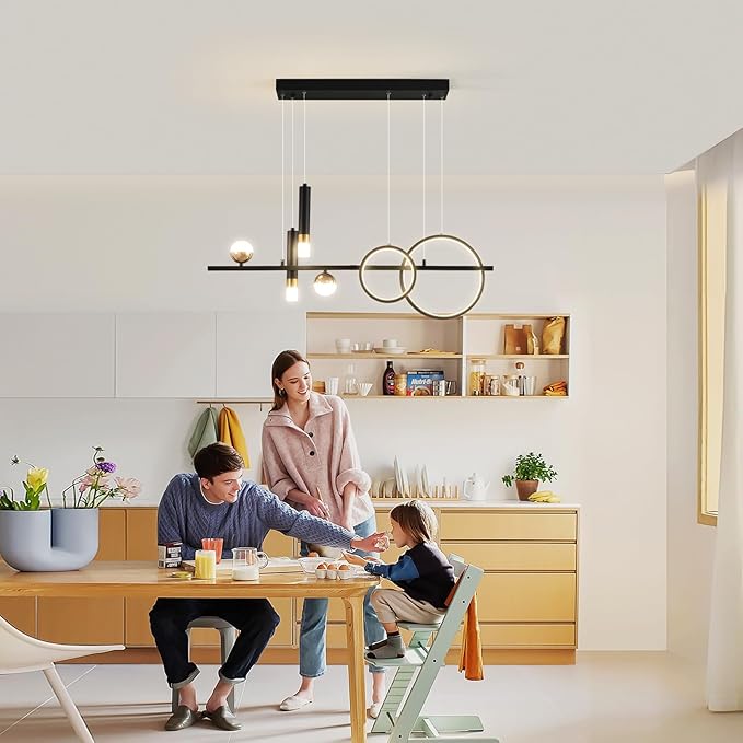 Siittoo Modern Chandeliers for Dining Room, Dimmable Led Linear Pendant Light with Remote Control, Black Gold Pendant Lighting Hanging Light Fixtures for Kitchen Island, Dining Room, Living Room (48W)