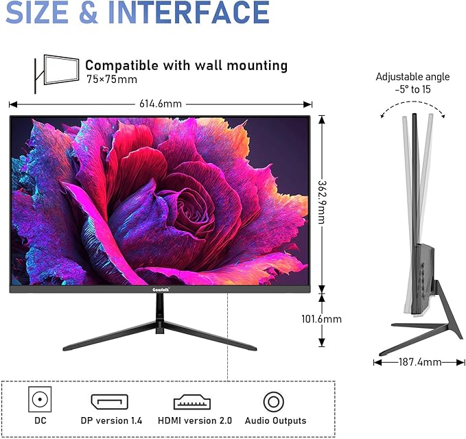 Gawfolk 27 inch IPS 2K QHD (2560×1440) Computer Monitor 75Hz Gaming PC Screen, 1ms,Adaptive Sync,100% sRGB, 1.07 Billion Colours,Built-in Speaker,Display 1.4、Port HDMI2.0, Black