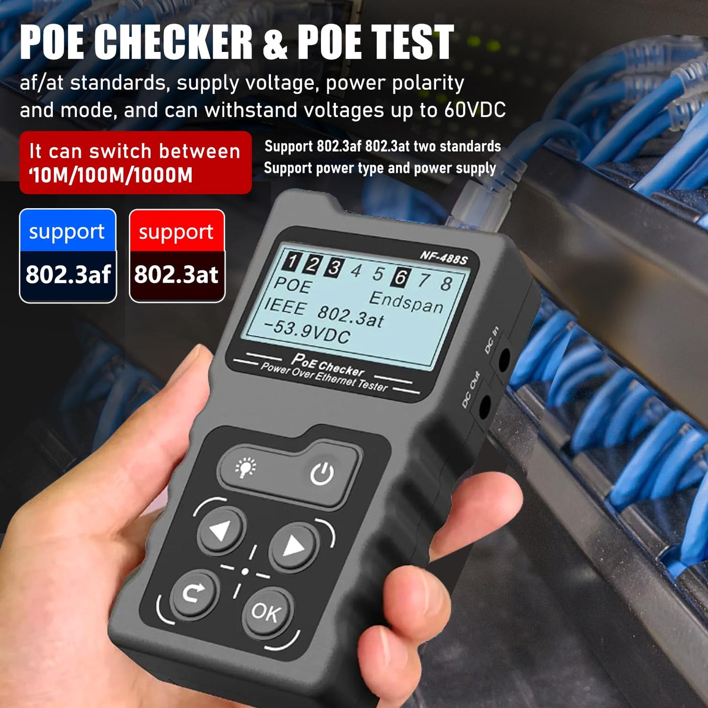 NF-488 Network Cable Testers RJ45 Continuity Checking CAT5 CAT6 LAN Ethernet Cables POE Ethernet Power Tester DC Power & Switch Loop-Back Test POE Detector Network Tool
