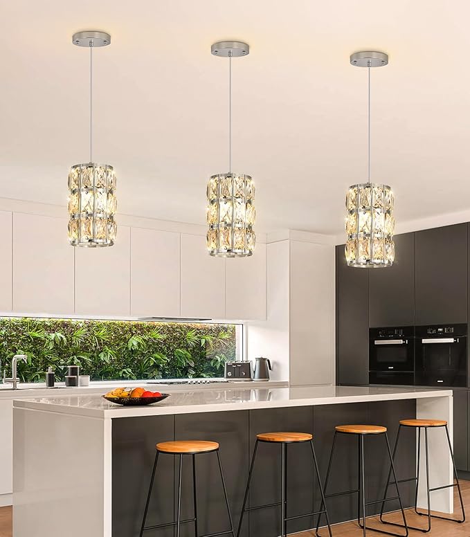 1-Lights Modern Crystal Pendant Lights for Kitchen Island LED Dimmable Glam Pendant Lighting Chandelier for Dining Room Hallway Corner Lamp Nickel