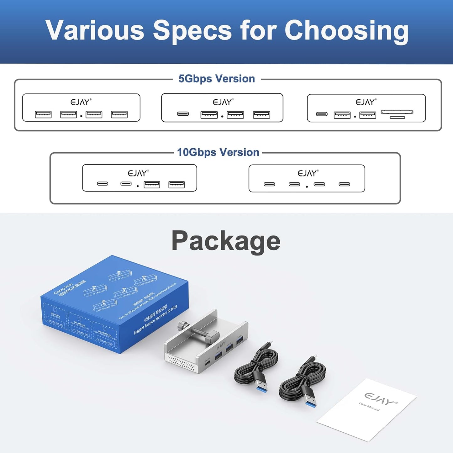EJAY Mountable 4Ports USB3.0 HUB Alu Desktop Clamp Type C USB3.0 Splitter for Desk/Monitors with Extra Power Supply Port,59inches Data & 39inches Power Cables-5Gbps (JK-3A1C-SV)