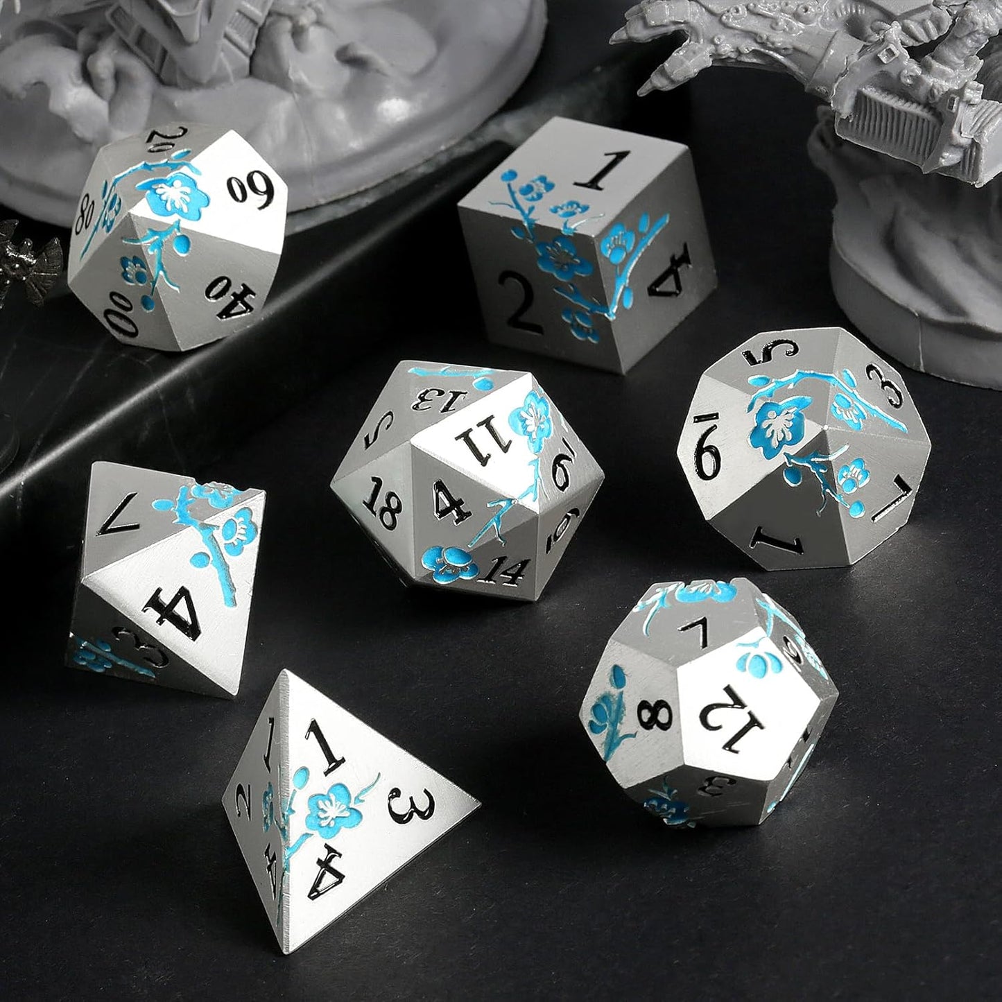 Glow in The Dark Flower Metal Dice, DNDND 7 PCS Blue Metallic D&D Dice Set with Gorgeous Gift Case for Dungeons and Dragon Tabletop Game (Glow in The Dark Blue)