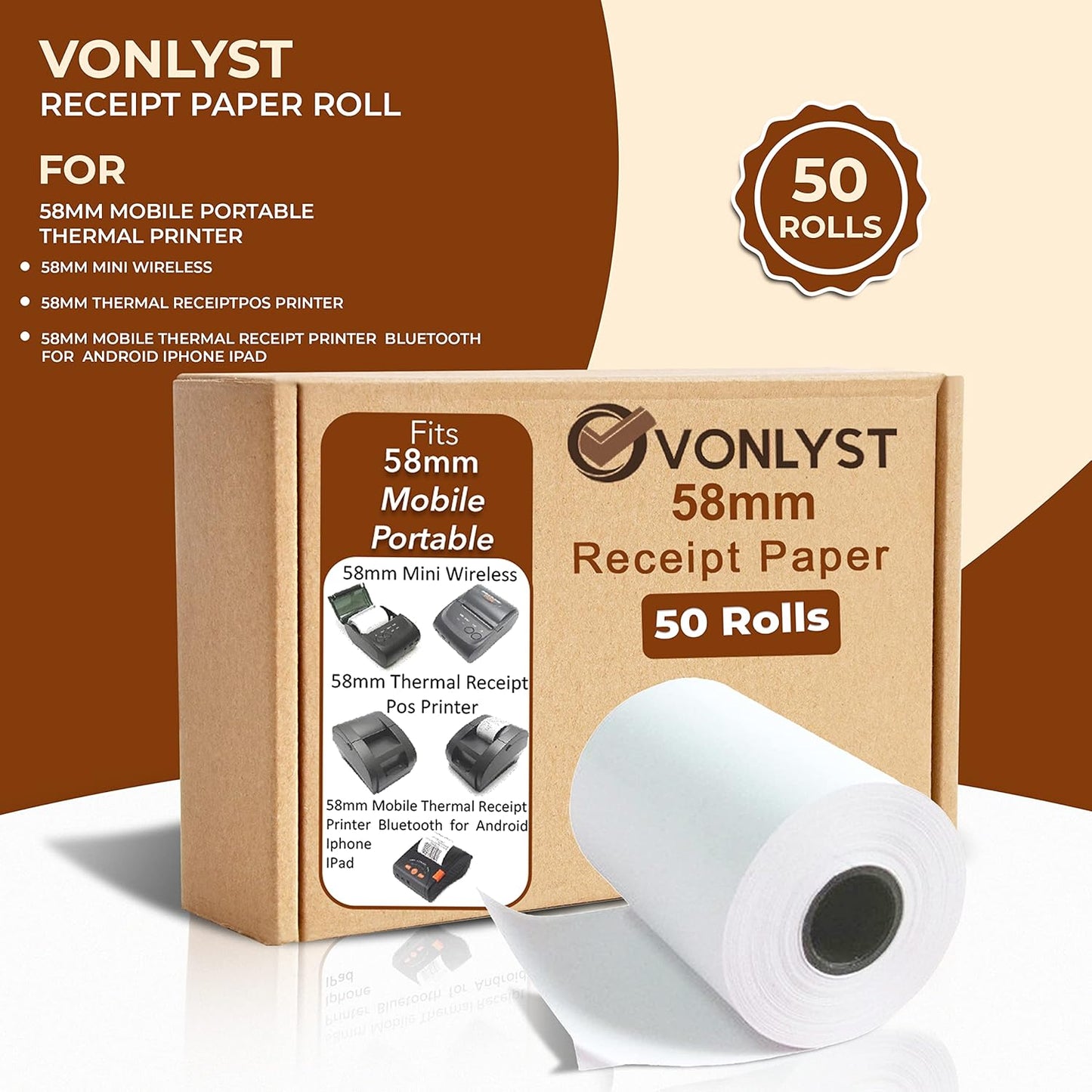 Receipt Paper Roll for 58mm Mobile Portable Thermal Printer (Pack 50 rolls)