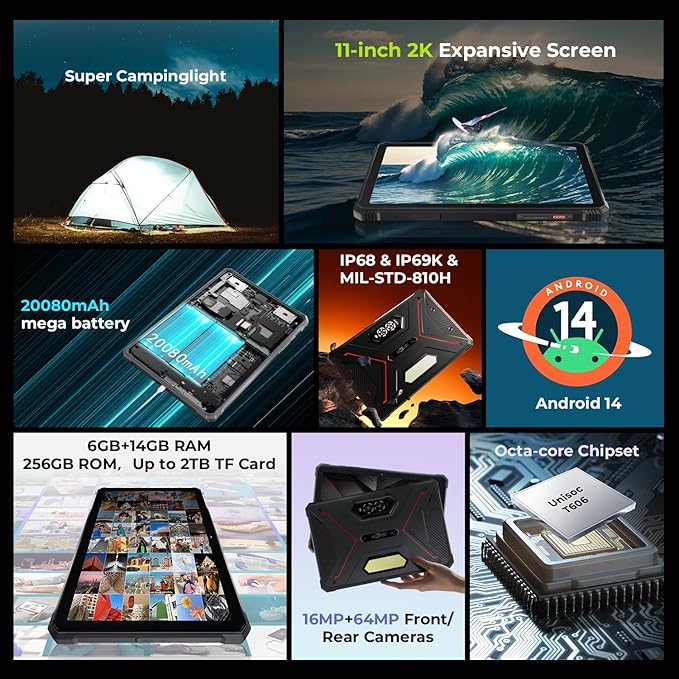 HOTWAV R9 Pro 2025 Rugged Tablet Android 14-2K 11 Inch 20080mAh Waterproof Tablet, 20GB+256GB/2TB SD Outdoor Tablets, 64MP+16MP Camera IP68&IP69K/Dual SIM 4G/WiFi 5/Face ID, GPS/OTG/Camping Lanten