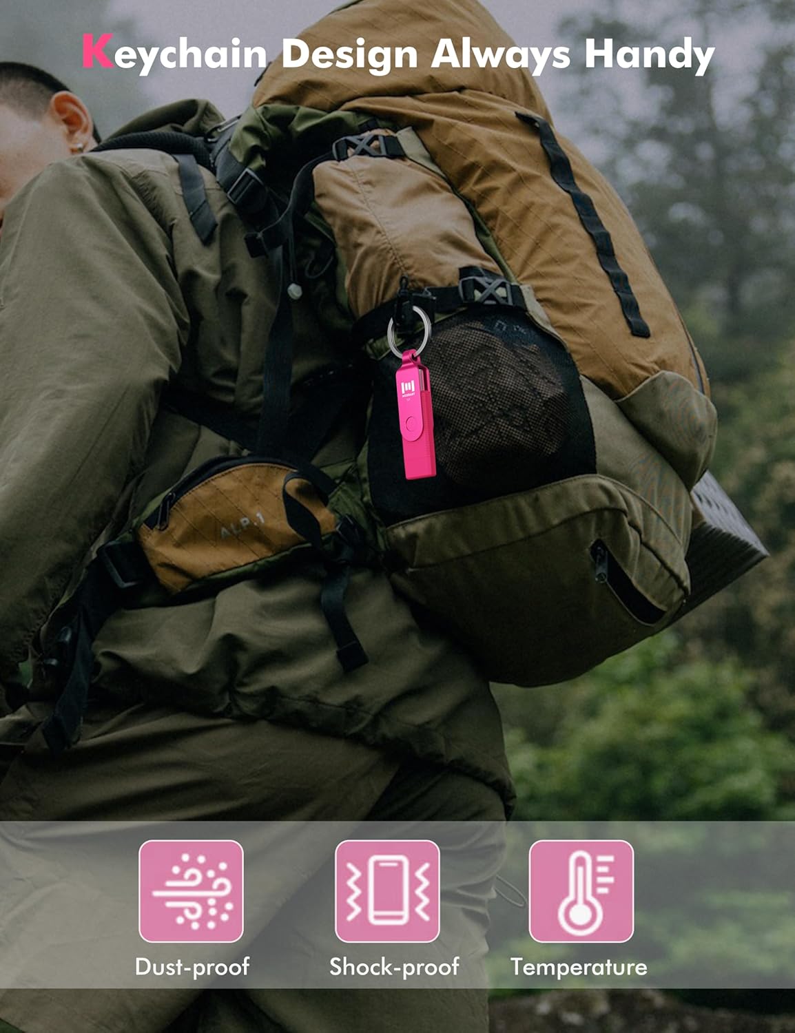 MOSDART 1TB USB3.1 Fast Speed C and A Dual Flash Drive, exFAT Memory Stick with Keychain and LED Indicator, for iPhone 15 and 16, Android Phone, iPad, MacBook, and Other Laptops, Hot Pink