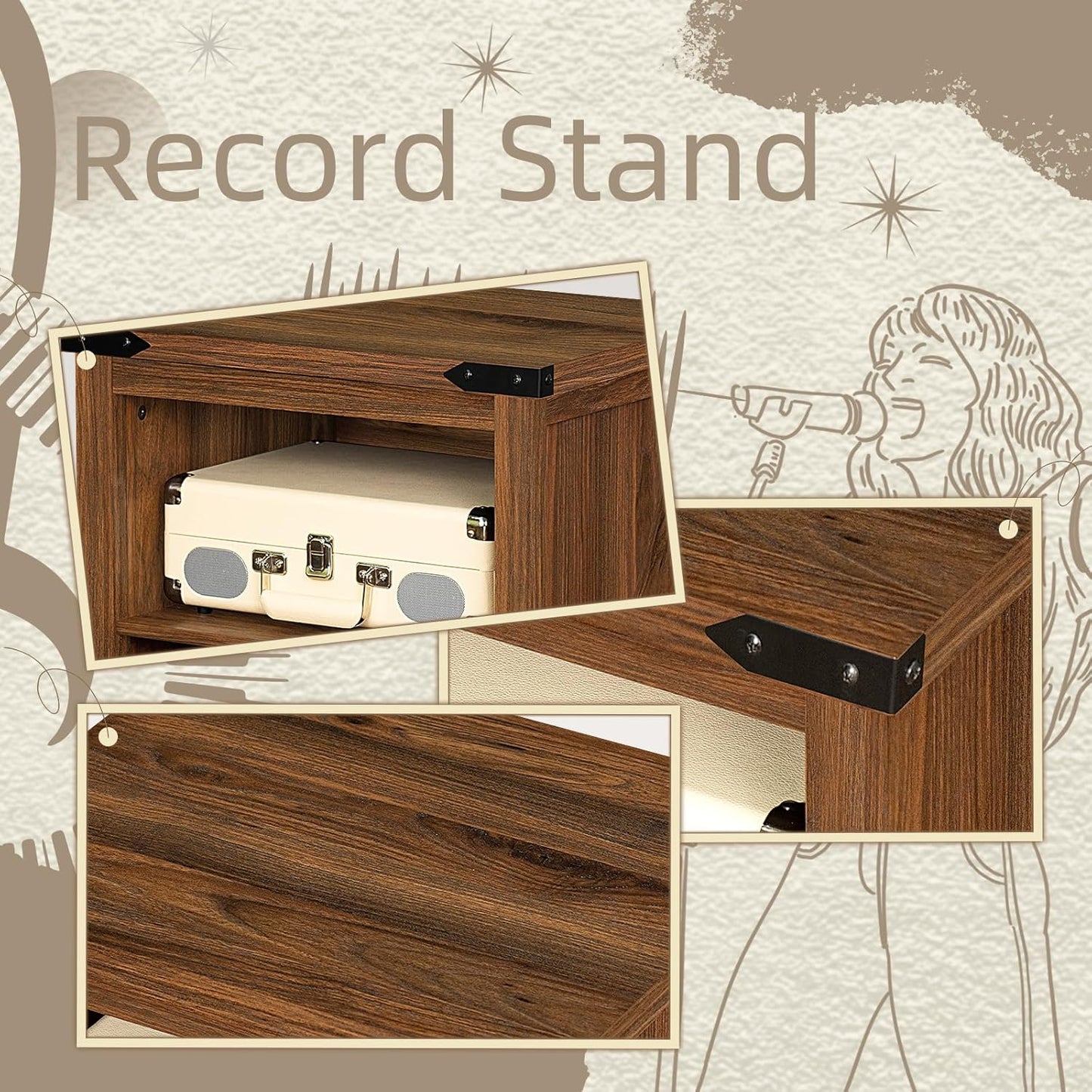 Record Player Stand with Vinyl Record Storage Holds up to 160 Albums,Large Wood Record Player Table Dispaly Shelf,Brown Turntable Stand Cabinet for Living Room,Bedroom,Office 7