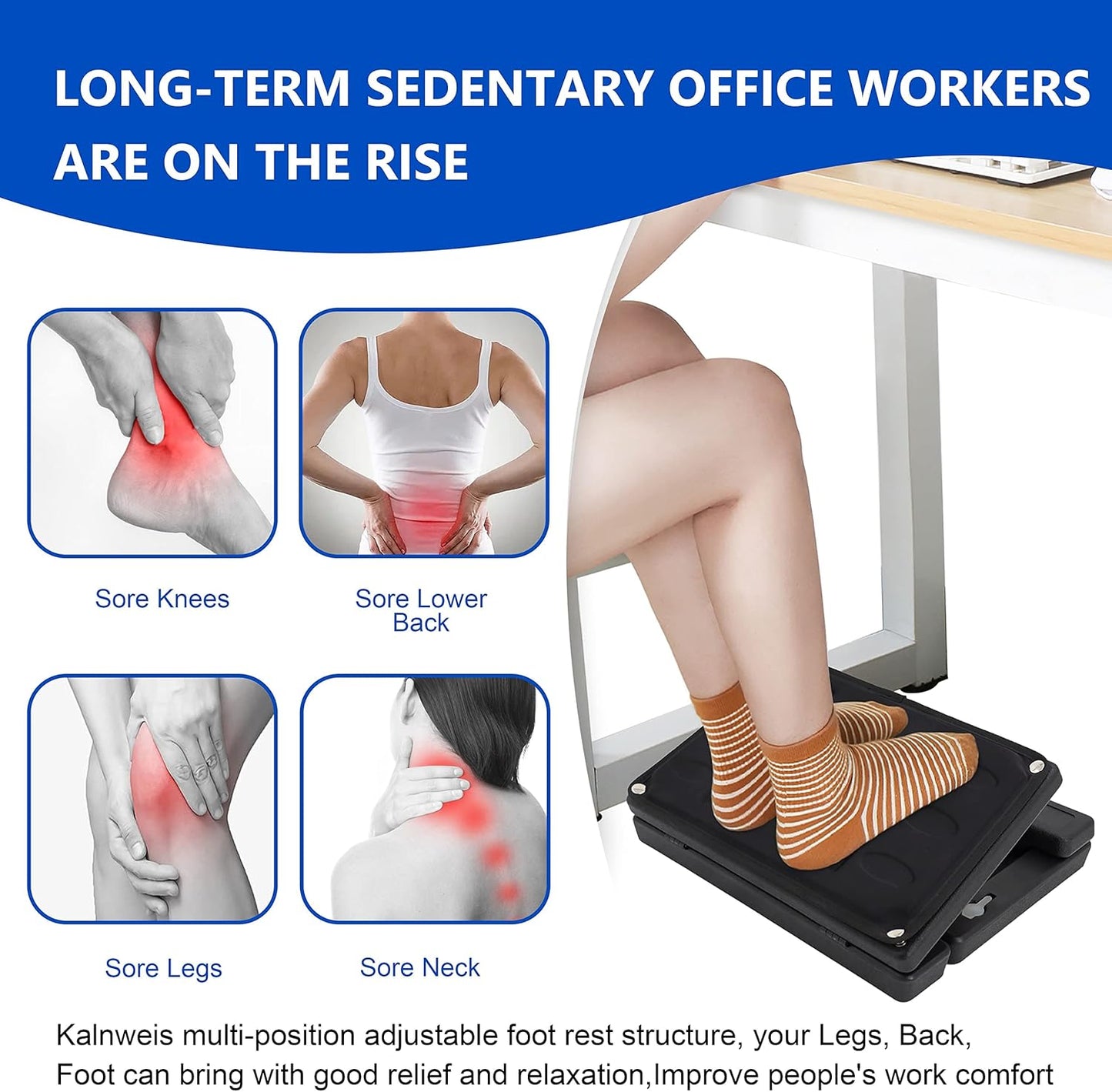 Adjustable Foot Rest and Footstool Under Desk, Ergonomic Leg Rest with Massage Roller, Height & Angle Adjustable, Detachable Cushion for Office and Home (Black)